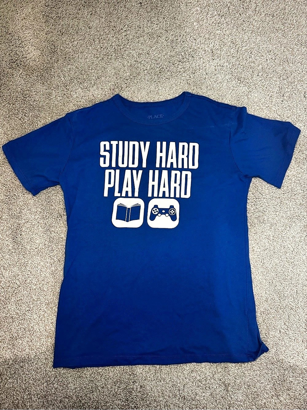 PLACE Study Hard Play Hard Graphic Tee Blue & White boys size XL (14)